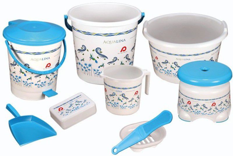 Sparsh Pearl Designer 9 pcs Bucket Set+Tub,Mug,Stool,Scrubber,Dustbin & Pan,Soap Case & Dish 20 L Plastic Bucket  (Blue)