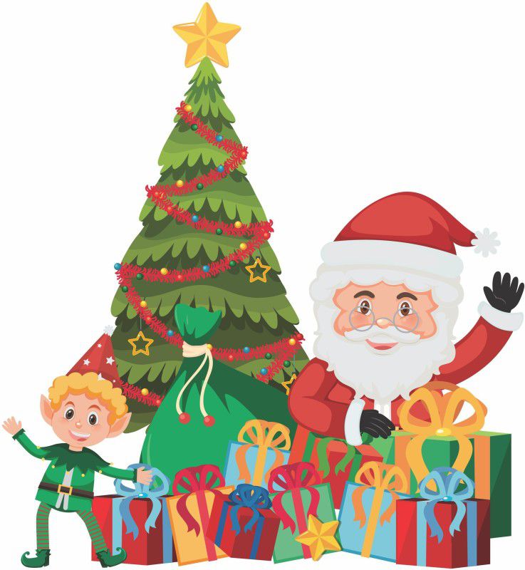 LAKSHIT ENTERPRISES 1 cm homedecor santa claus christmas tree and a lot of gifts pvc vinyl self adhesive wall sticker (ideal size on wall: 71 cm x 65 cm, multicolour) Self Adhesive Sticker  (Pack of 1)