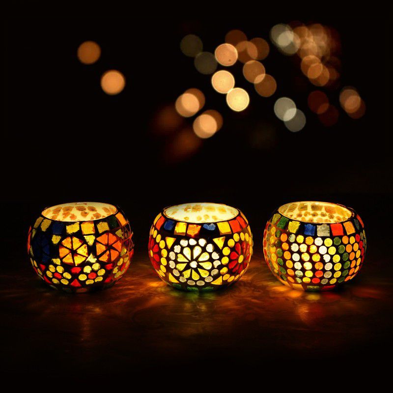 eCraftIndia Glass 3 - Cup Tealight Holder Set  (Multicolor, Pack of 3)