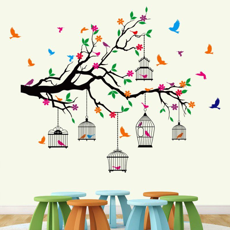 StickMe 121 cm Nature Tree - Colorful - Birds - Cage - Wall Sticker -SM584 Self Adhesive Sticker  (Pack of 1)