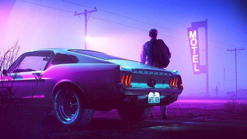 1967 Mustang Fastback Car Drive Neon Retrowave Synthwave Vehicle Art Skyline Matte Finish Poster Photographic Paper  (12 inch X 18 inch)