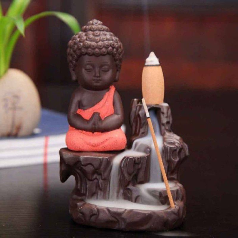 SSR Junction Handcrafted Meditating Little baby Monk Buddha Smoke Backflow Cone Incense Holder With 10 Incense Cones Showpiece Decorative Showpiece - 12 cm  (Polyresin, Black, Red)