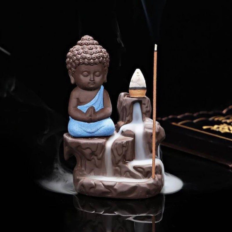 AapnoCrafts Maditating Monk Buddha Smoke Back flow Cone Incense Holder- With 10 Free Incence Cones Decorative Showpiece - 12 cm  (Ceramic, Multicolor)
