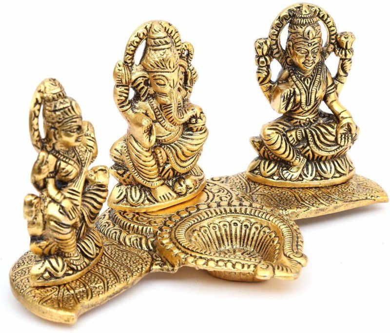 Sankalan Creation Laxmi Ganesh Saraswati Idol Decorative Platter with Diya and agarwati Stand Gift Decorative Showpiece - 10 cm  (Metal, Gold)