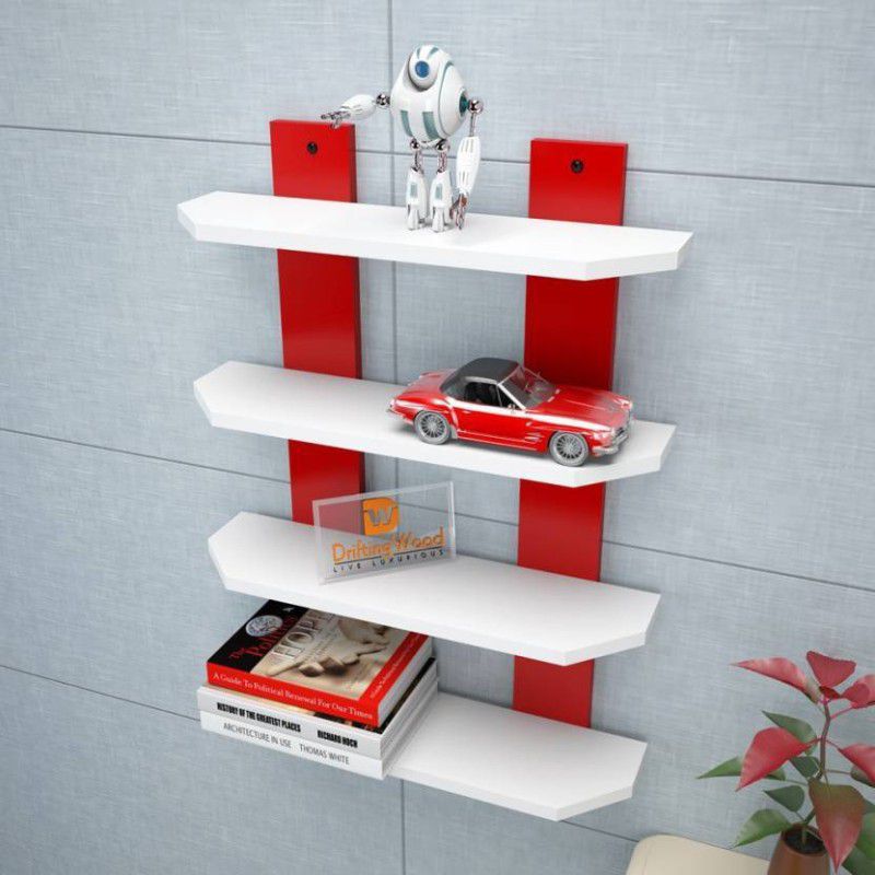 ONLINECRAFTS wooden double patti cut shelf white ,red Wooden Wall Shelf  (Number of Shelves - 4, White, Red)