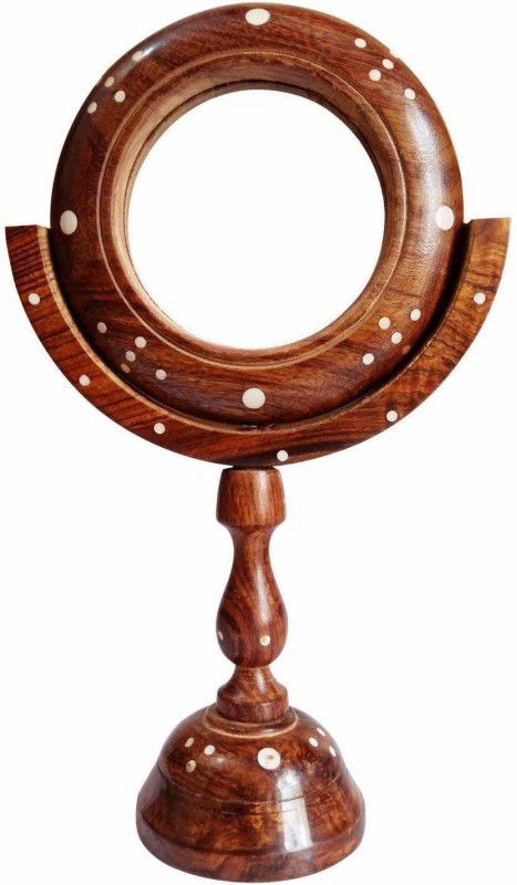 STUFFCOLLECTION Vintage Hand Carved Wooden Table Top Round Portable Makeup Mirror with Stand Decorative Mirror  (Round)