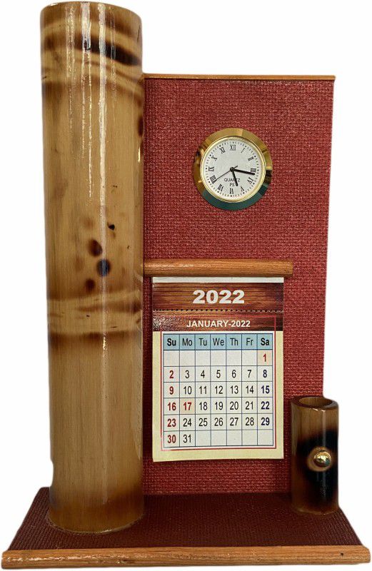 RS Handcrafted Bamboo Flower vase,Pen Stand with Clock & Calendar Bamboo, Wooden Vase  (8.5 inch, Multicolor)