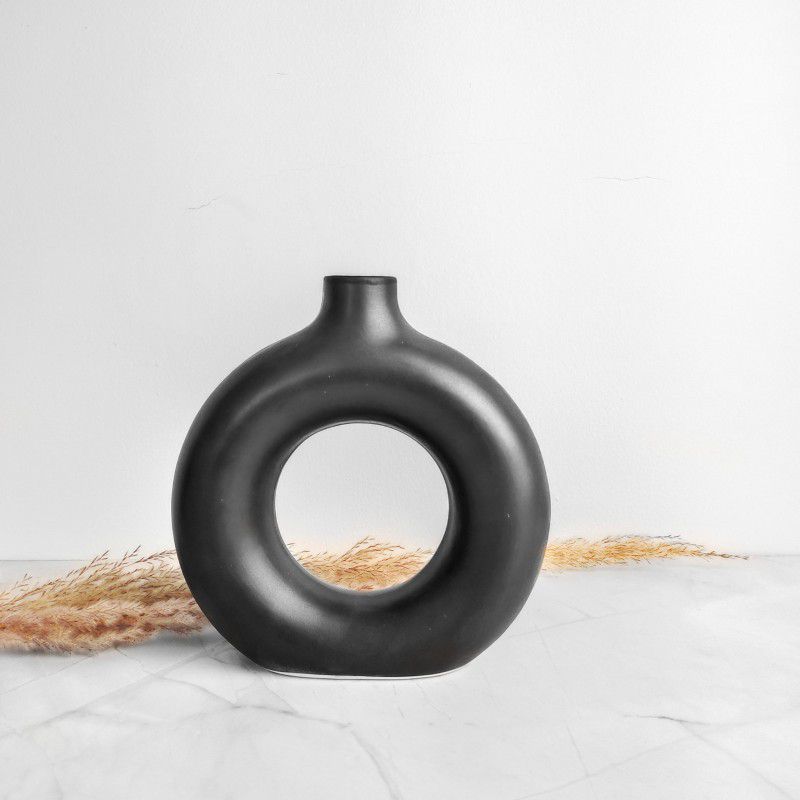 THE Bling STORES Ceramic Matte Finish Donut Flower Vase Handcrafted (Pack of 1) Black Ceramic Vase  (8 inch, Black)