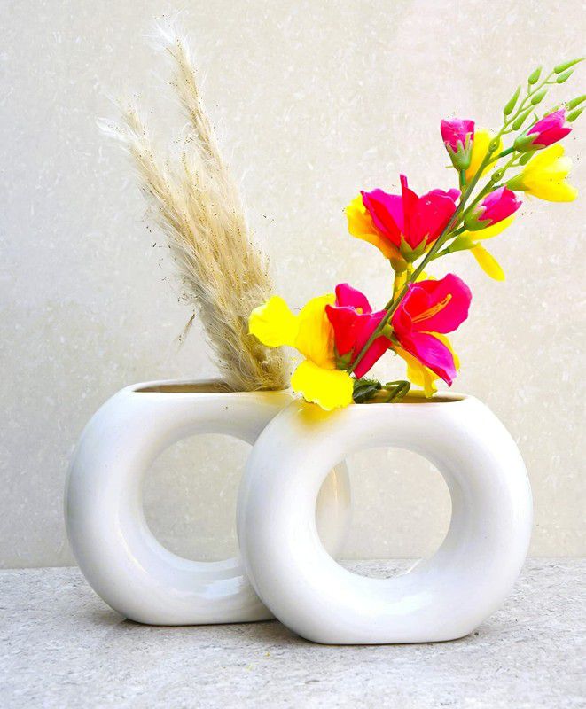 Ceramicpot Ring vase White Best of Living Room Decoration Artificial Flower Modern Ceramic Vase  (22 inch, White)
