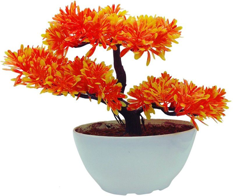 Random 3 Headed Tree with Yellowish Orange Leaves Bonsai Wild Artificial Plant with Pot  (23 cm, Multicolor)