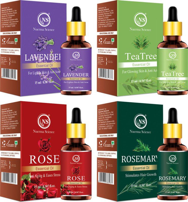 Nuerma Science Tea Tree, Rose, Rosemary, Lavender Aroma Oil  (4 x 15 ml)