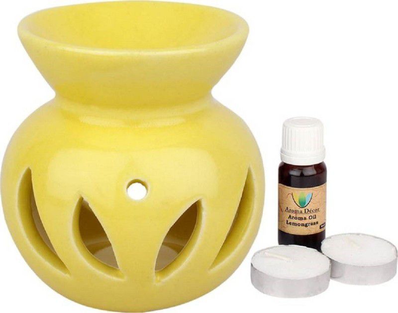 Bright Shop Ceramic Tea light diffuser/ Oil burner Home decoration diffuser set With beautiful leaf cutting design with 2 candles ,1 lemongrass oil 10ml Diffuser Set  (4 x 2.5 ml)