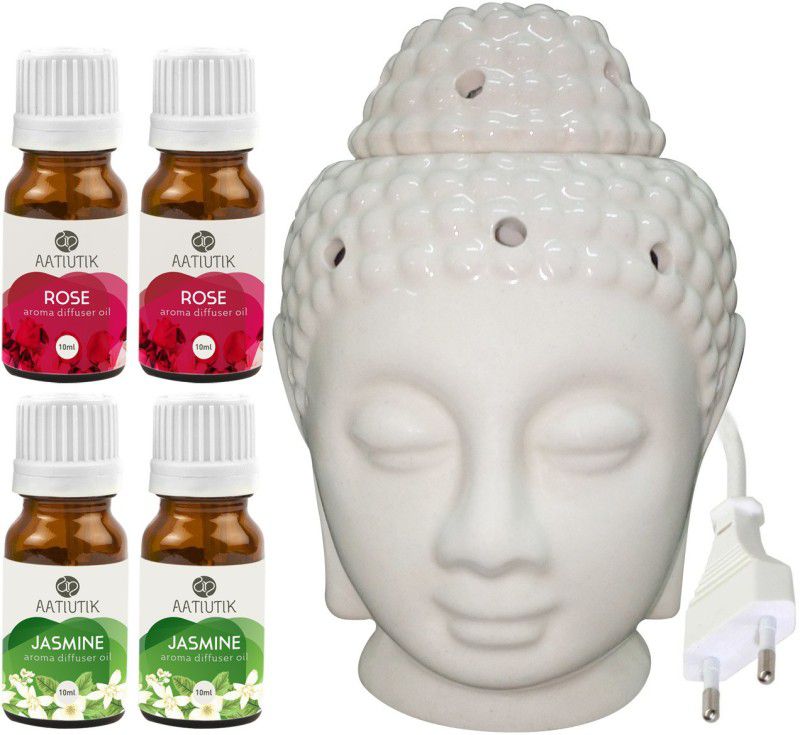 Aatiutik Rose, Jasmine Aroma Diffuser Oil with Electric Ceramic Buddha Head (Made In India) Aroma Diffuser Set  (5 x 8 ml)
