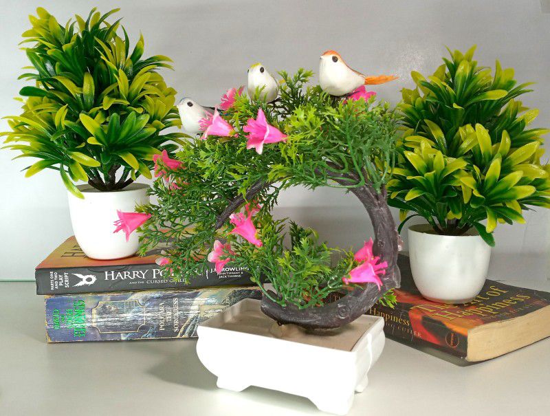 RESILIENCE Home Decoration Plant combo with Birds Bonsai Wild Artificial Plant with Pot  (20 cm, Multicolor)