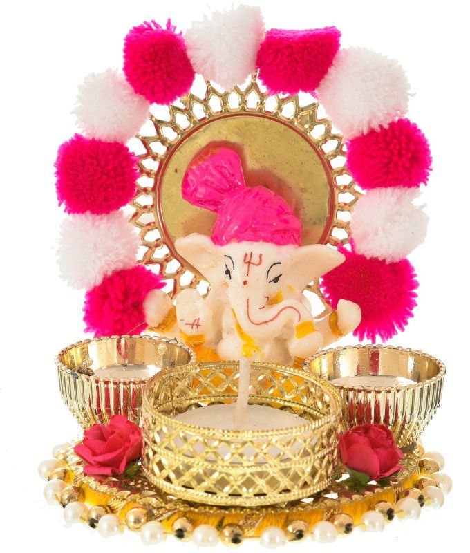 smile4ever S4U A2B Lord Ganesha Idol on Decorative Plate Tea Light Candle Holder for Diwali, Christmas, Home Decoration Brass Tealight Holder Set Copper Candle Holder Set  (Pink, White, Gold, Pack of 1)
