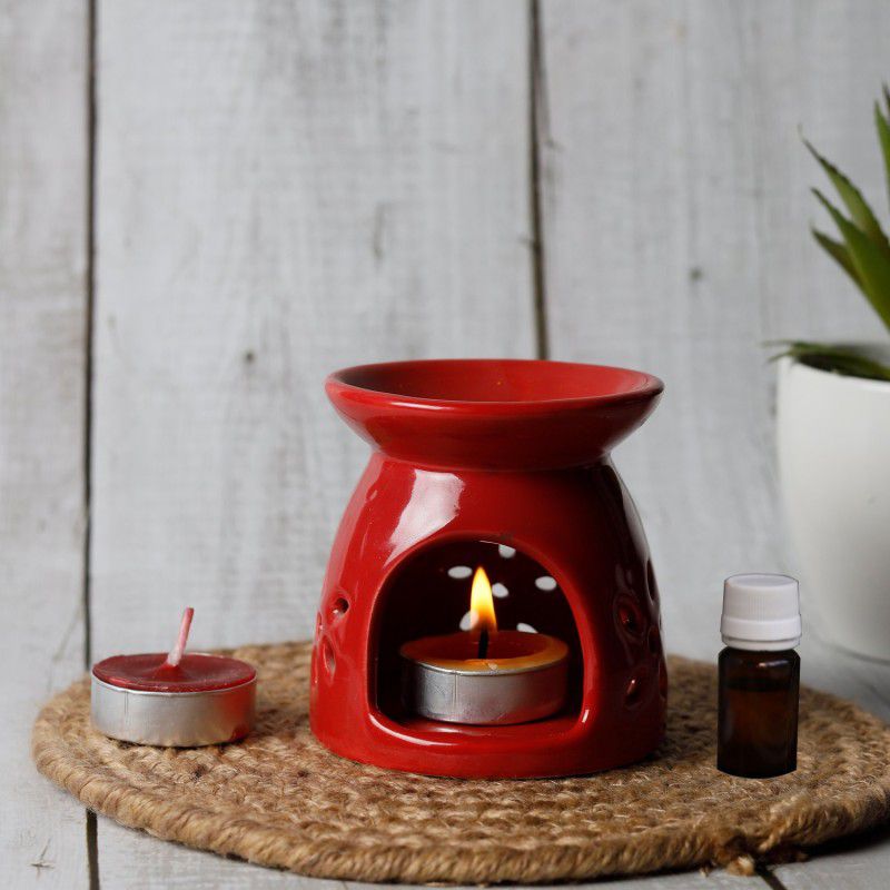 Jimkia Ceramic Diffuser Oil Burner with 10ml Lemon Grass Oil & 2 Candles, Red Color Aroma Oil, Diffuser Set  (4 x 2.5 ml)
