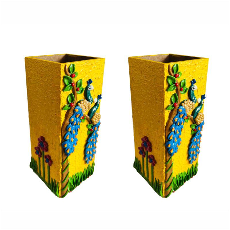 curious crafters handmade flower pot on wood for Home Decor (set of-2) Wooden Flower Basket  (W: 8 cm x H: 20 cm x D: 8 cm)