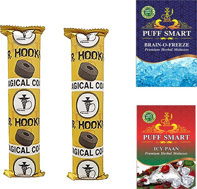 Puff Smart Premium Herbal Flavor Brain-O-Freeze & Icy Paan With 2 Polo Magic Coal Hookah Charcoals  (Pack of 4)