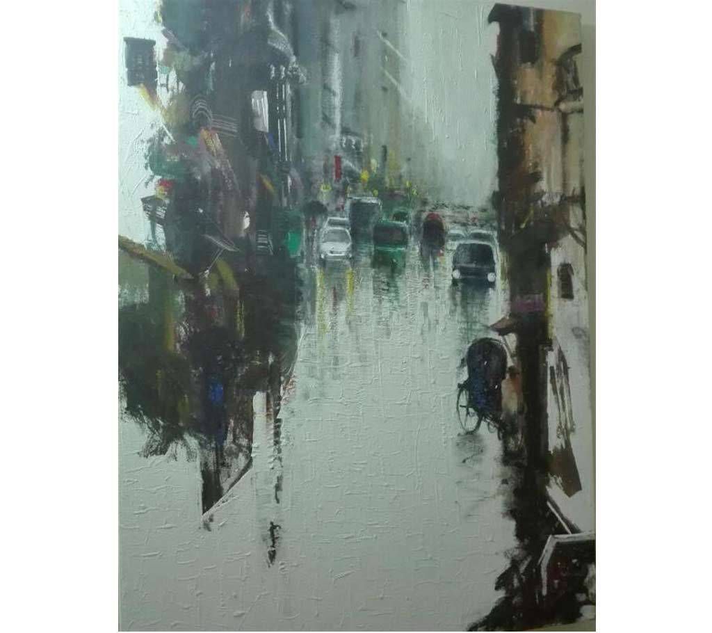 Raining city semi abstract painting 