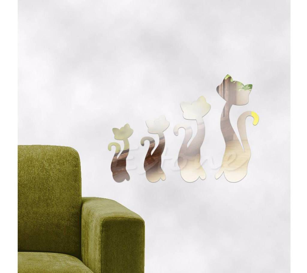 Cute Cats 3D Acrylic Mirror Wall Sticker- 4 pieces