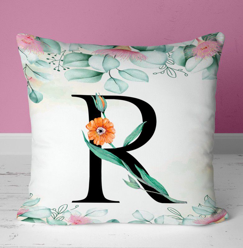 NH10 DESIGNS Colorful Alphabet R Printed Cushion Cover With Filler 12x12 Inch - ABWTCU 70 Microfibre Floral Cushion Pack of 1  (White)