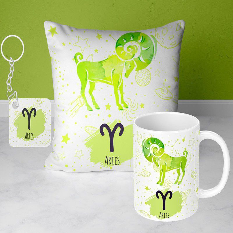 NH10 DESIGNS Zodiac Aries Printed Cushion Cover With Filler, Cup, Keychain - ZDVCUMK1 63 Microfibre Solid Cushion Pack of 1  (White)
