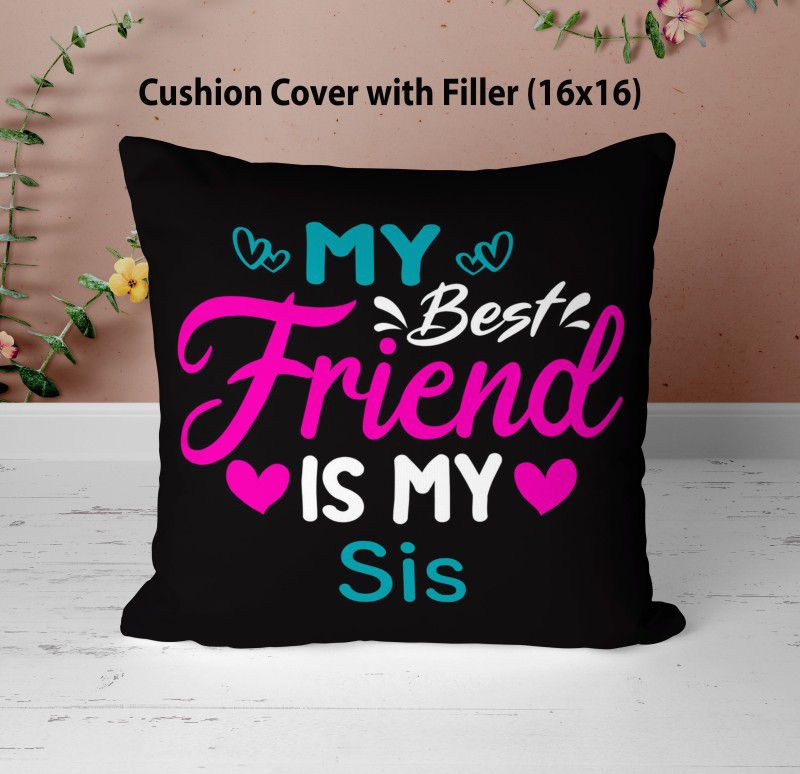 NH10 DESIGNS Sis Printed Cushion Cover with Filler Pillow For Sis 16x16 inch MBFIM16CU1 107 Microfibre Solid Cushion Pack of 1  (Black)