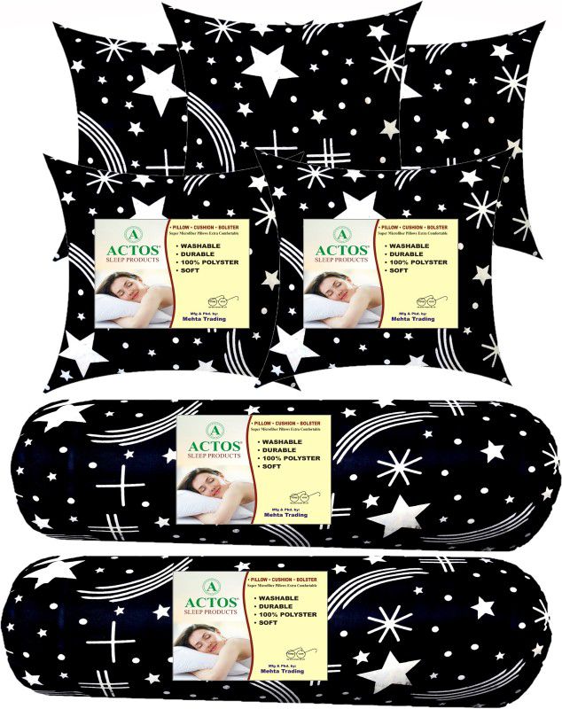 ACTOS Star print Combo Set Of 5 Cushion And 2 bolster Polyester Fibre Geometric Bolster Pack of 7  (Black, White)