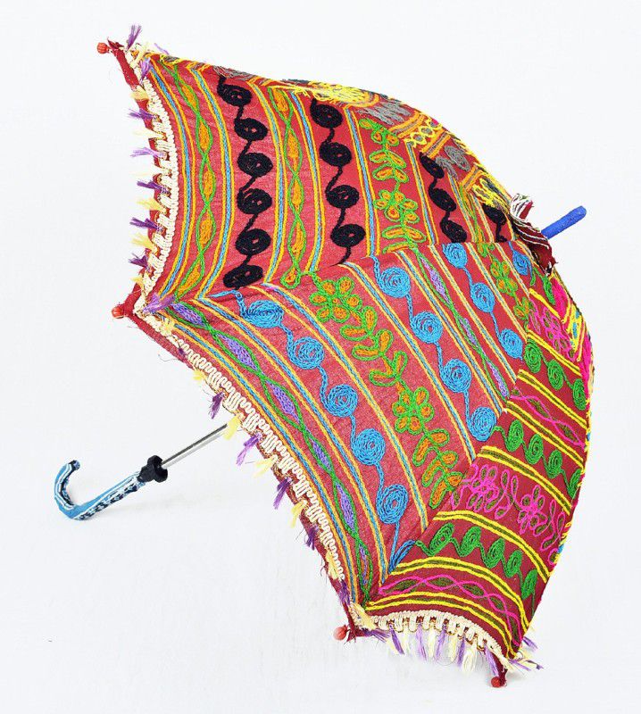 Lal Haveli Rajasthani Embroidery work One Fold Cotton Sun Umbrella  (Brown)