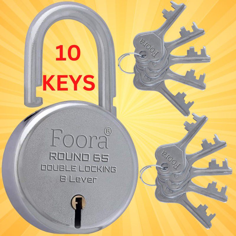 LINK O LINE Foora Round 65mm Padlock with 10 Keys and key chain , 8 Levers Door Lock Lock  (Silver)