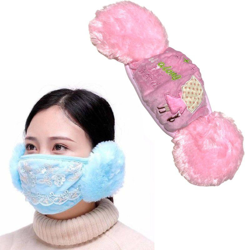 Tlismi Kids Girl's and Boys Warm Winter Face Mask with Plush Ear Muffs Covers Free Size Kids Adult for Autumn Winter NET FLOWER SKY BLUE & UMBRELLA GIRL PINK (5-20 YEARS) Ear Muff  (Pack of 2)