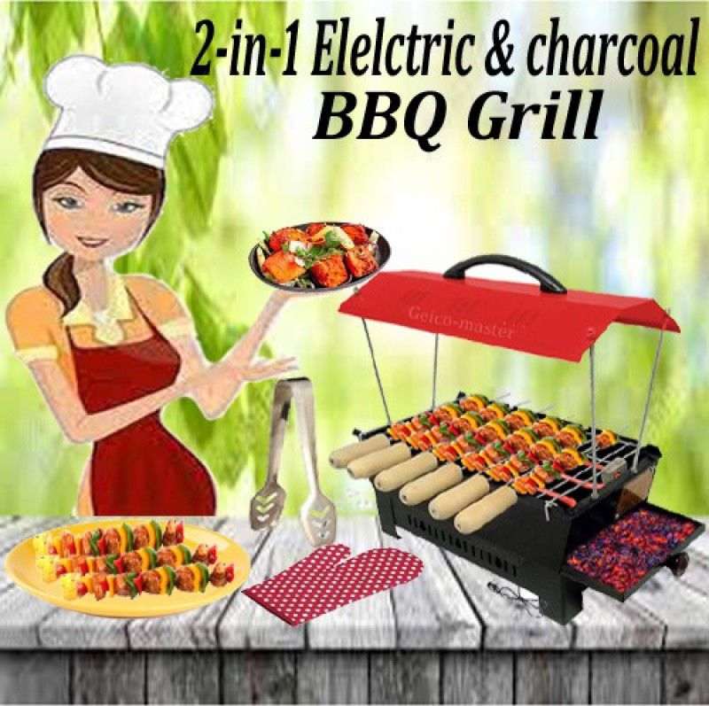 Geico master GE-568 Electric & Charcol Grill Red Hut Shaped Ideal for Tandoori & grill items With 6 wooden handle skewers Electric Tandoor Electric Tandoor