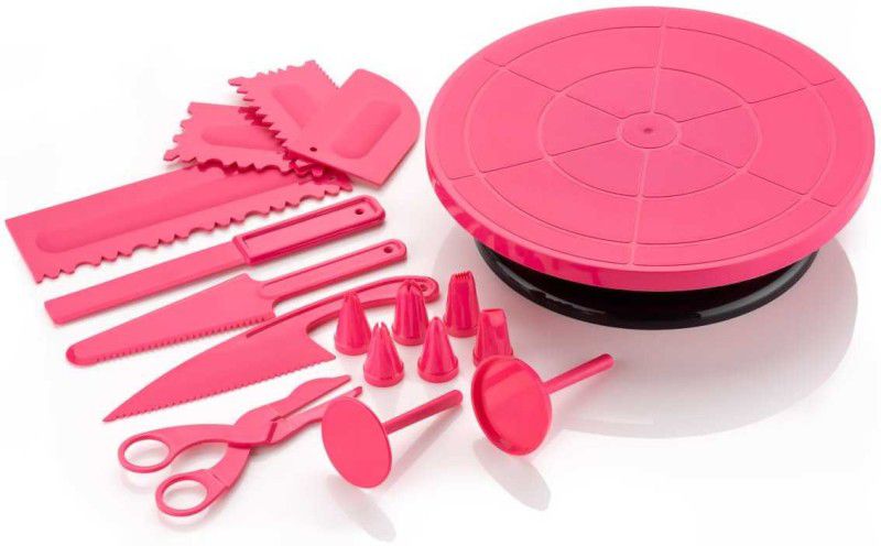 Bizello Pink New CAKE TURNTABLE and DECORATIONS TOOLS 17 PCS SET Full Cake Maker Cake Maker