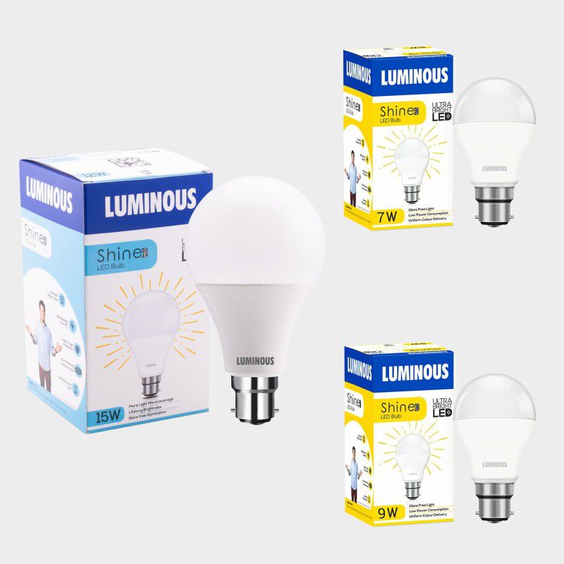 LUMINOUS 9 W, 7 W, 15 W Round B22 LED Bulb  (White, Pack of 3)