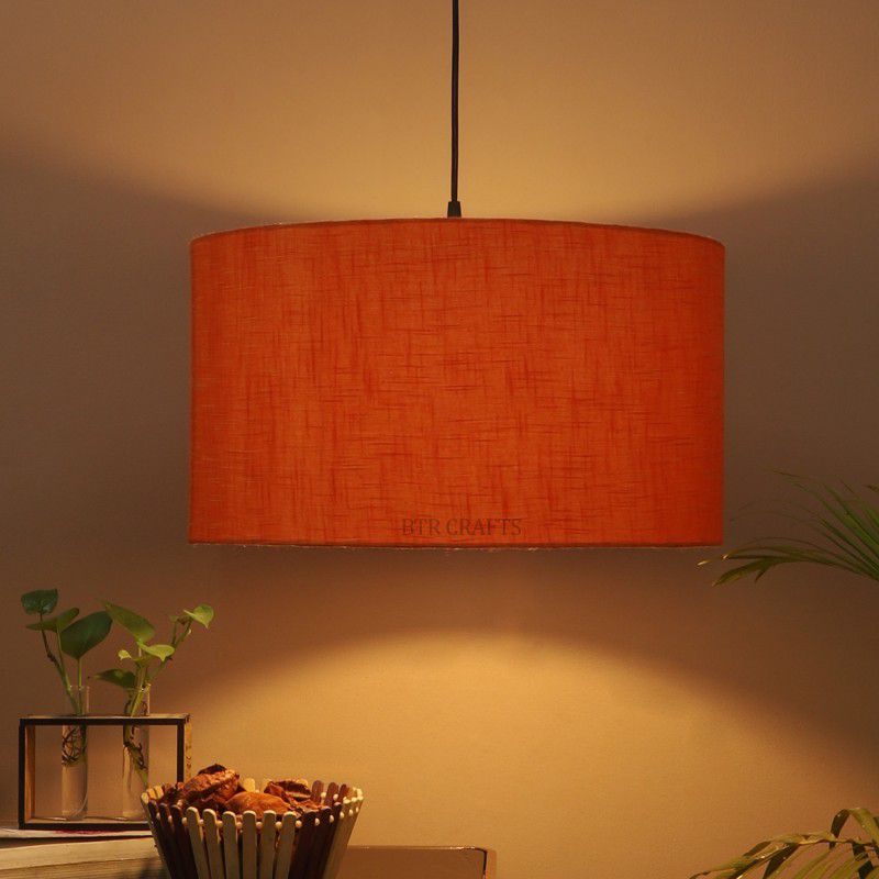 BTR Crafts 16'' Inches Orange Texture Drum Hanging Lamp Shade, Black Canopy S-Hook Cotton Light Hanging Chain Rod
