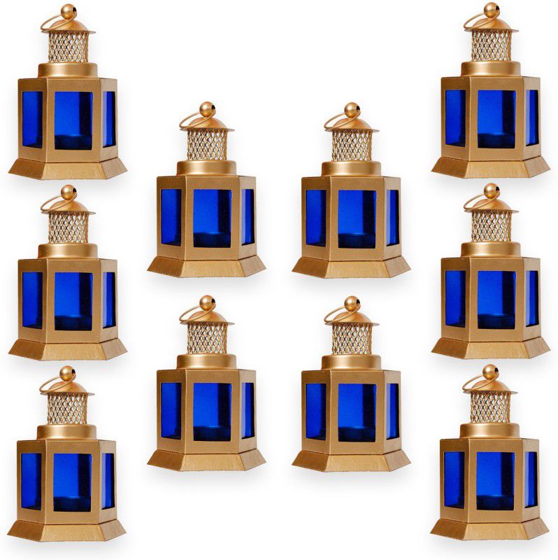 Craftox Décor Morrocan Lantern Tealight Candle Holder Blue Colour Blue Iron Hanging Lantern  (12 cm X 9 cm, Pack of 10)