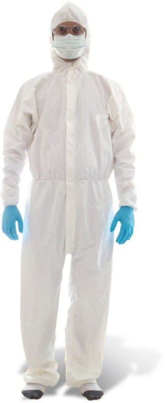 supreme electrotek solutions shop PPE Kit 90 GSM Non Woven Gown With HoodCap + Face Mask +Goggle + Gloves + Shoe Cover +Bouffant Cap All Set Kit Pack 1 Set Safety Jacket  (White)