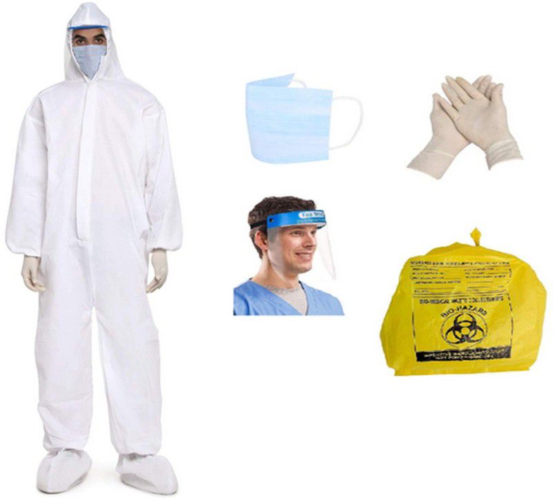 Lerexme PPE KIT with Full Body Coverall, Latex Gloves, Shoe Cover, Face Mask, Face Shield, Complete PPE kit for Doctors, Disposable White 1 Safety Jacket Safety Jacket  (White)