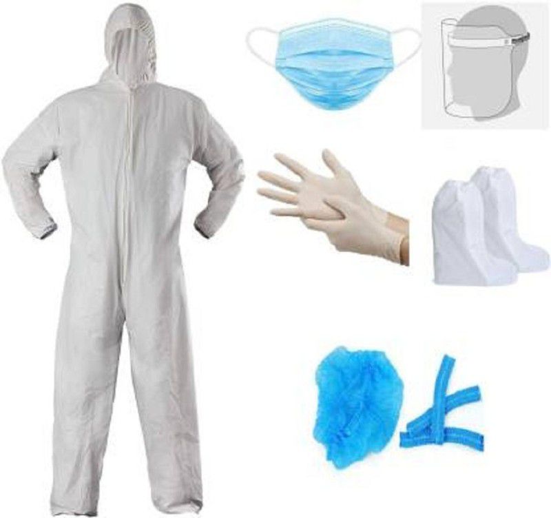 Meaglly PPE Kit With ahnd gloves face mask leg gloves head cap Safety Jacket  (White)