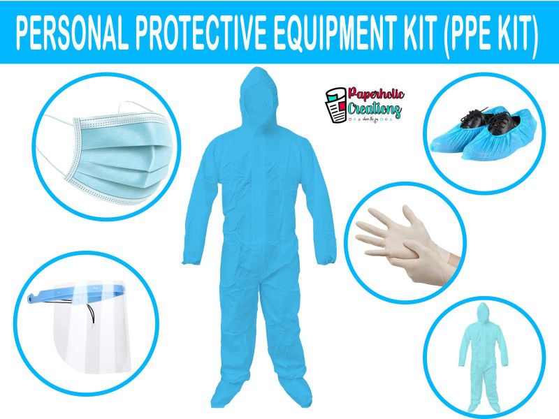 Paperholic Creations Pack of 5Pcs Disposable PPE KIT (Face Shield,Impermeable Surgical Gown/Overall, Gloves, 3ply Face mask, Shoe cover) Safety Jacket  (Blue)