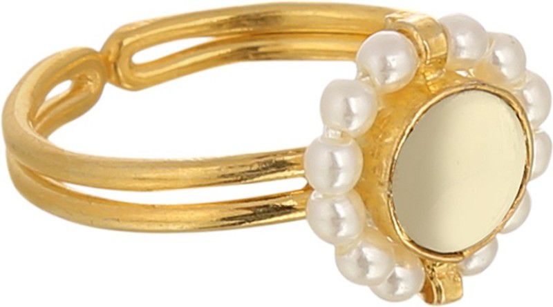 Fashion Fancy Micro Gold Polished Semi Precious Kundan & Pearl Ring Copper Pearl Copper Plated Chain Ring - Single Finger