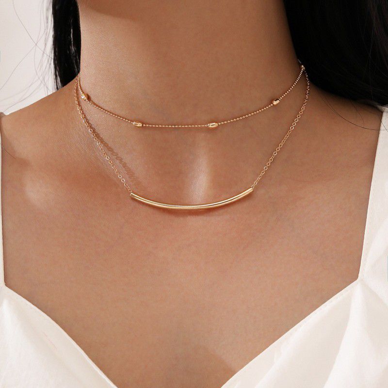 Womens Golden Tube Beads Double Layer Chain Necklace Metal Necklace