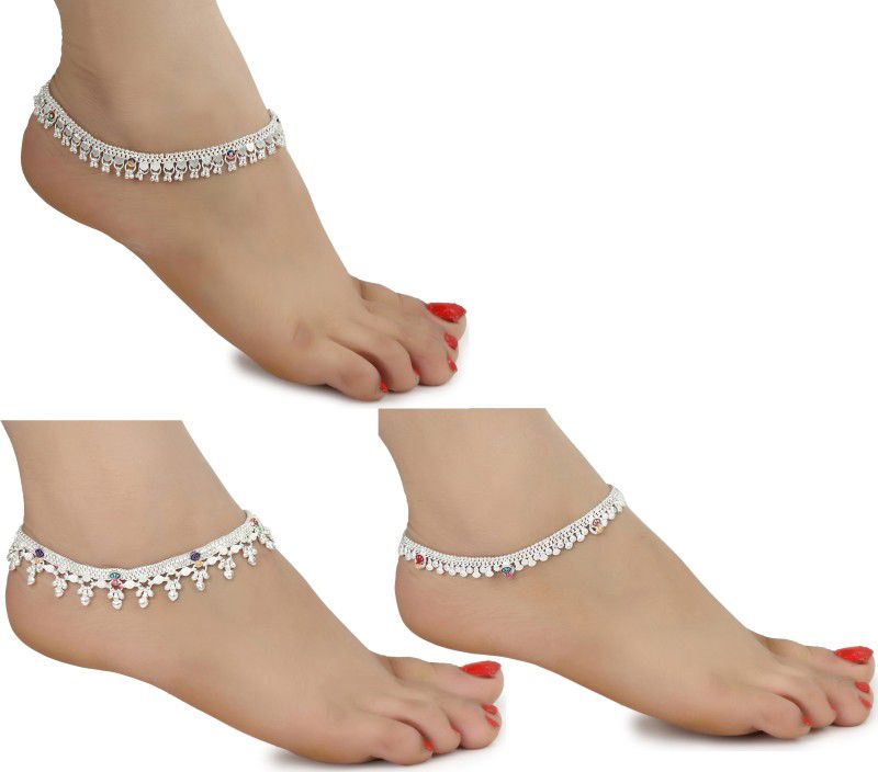 AanyaCentric Women and Girls Combo of Silver Plated White Metal Payal Indian Traditional Ethnic Fashion Foot Jewellery Artificial Alloy Anklet  (Pack of 3)