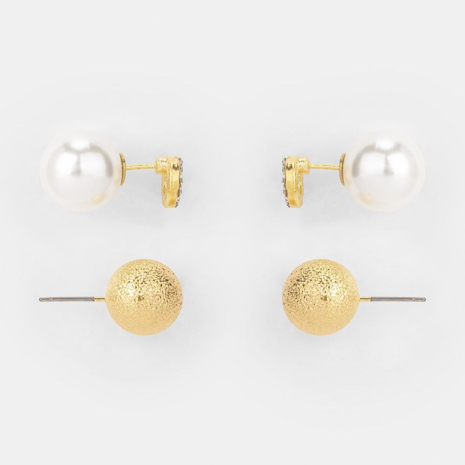 2 Pack Faux Pearl and Beaten Stud Earrings - Gold Look