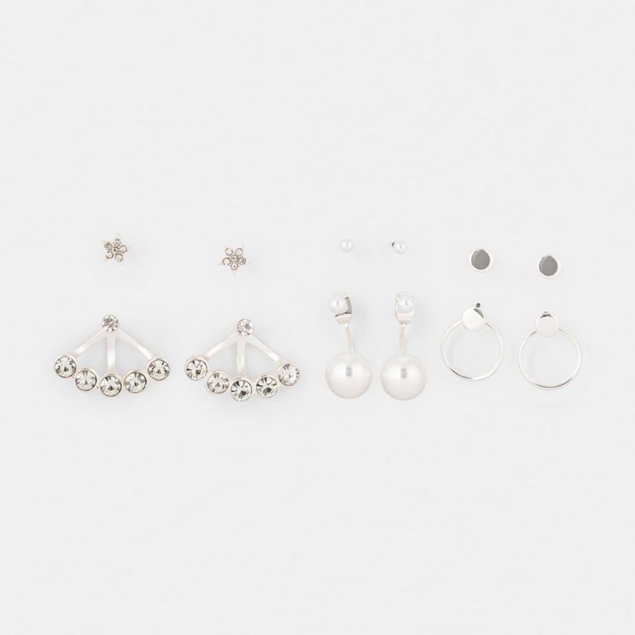 6 Pack Diamante Star Stud Earrings - Silver Look