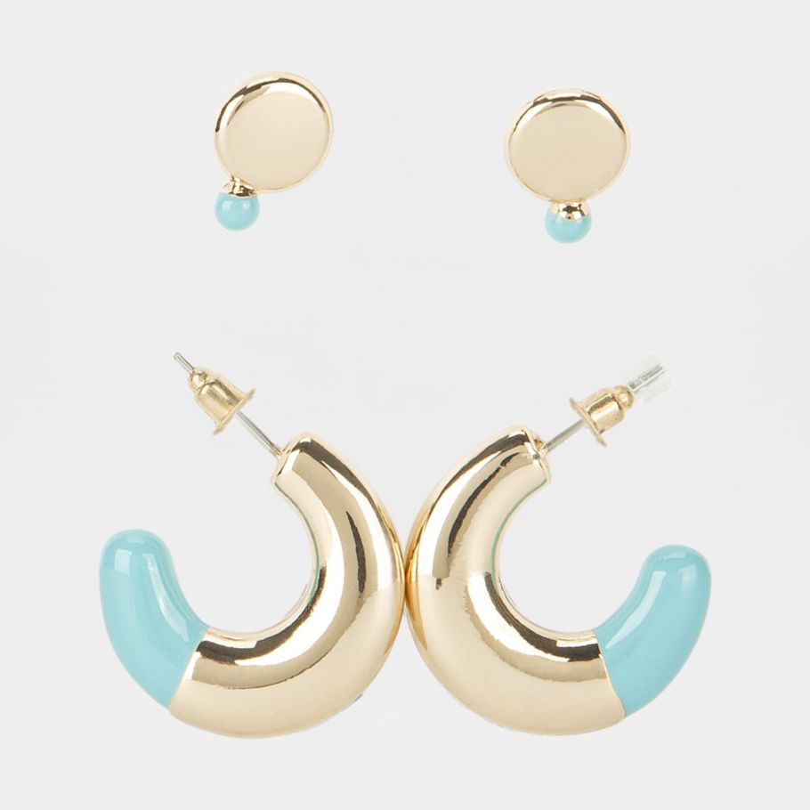 2 Pack Stud and Enamel Tip Hoop Earrings - Turquoise