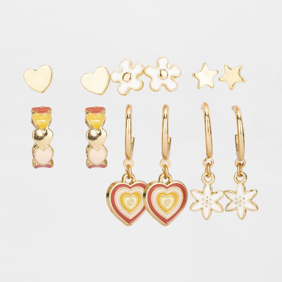 6 Pack Love Heart Stud and Hoop Earrings - Gold Look