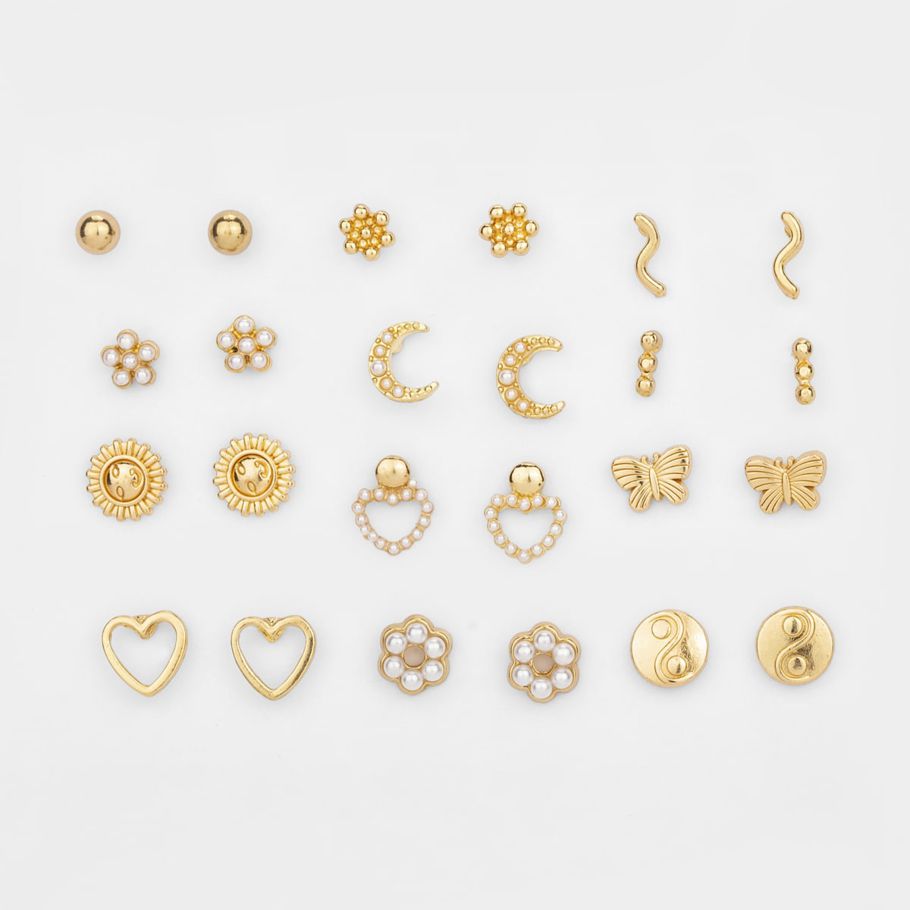 12 Pack Heart and Flower Studs Earrings - Gold Look