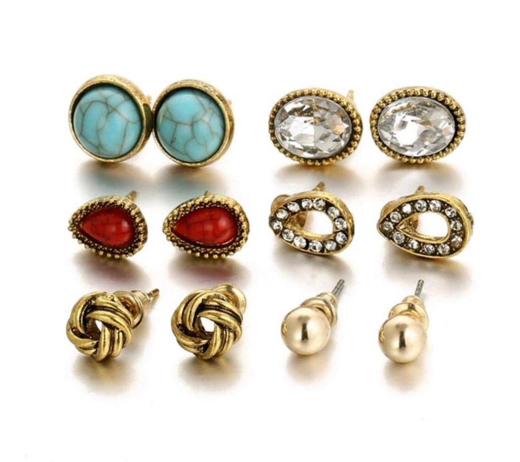 6 Pair Vintage Gold Color Earrings