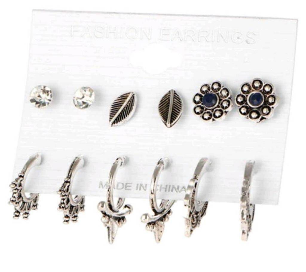 6 Pair Vintage Silver Color Earrings